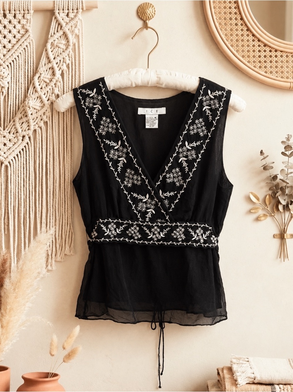 ICE Vintage Y2K Embroidered Floral Rhinestone Tie Back Blouse